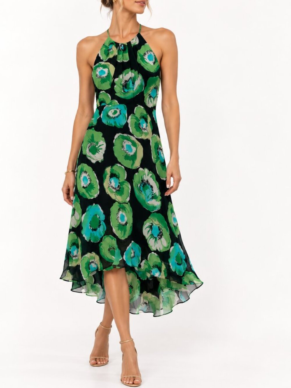 Y2K 100% Silk Floral Halter Midi Dress Asymmetrical Hem Size 8 by Nine West